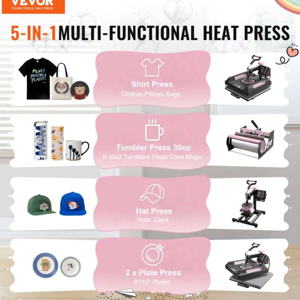 VEVOR Heat Press Machine, 15 x 15 inch, 8 in 1 Heat Transfer Machine with 30 oz Tumbler Press, 360° Swing Away Digital T-Shirt Pressing Machine, Teflon Coating, for T-Shirts/Mugs/Hats/Plates, Black