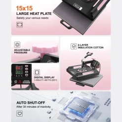 VEVOR Heat Press Machine, 15 x 15 inch, 8 in 1 Heat Transfer Machine with 30 oz Tumbler Press, 360° Swing Away Digital T-Shirt Pressing Machine, Teflon Coating, for T-Shirts/Mugs/Hats/Plates, Black