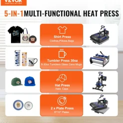 VEVOR Heat Press Machine, 15 x 15 inch, 8 in 1 Heat Transfer Machine with 30 oz Tumbler Press, 360° Swing Away Digital T-Shirt Pressing, Teflon Coating, for T-Shirts/Mugs/Hats/Plates, Black+Blue