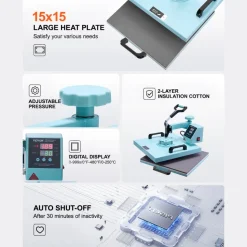 VEVOR Heat Press Machine, 15 x 15 inch, 5 in 1 Heat Transfer Machine with 30 oz Tumbler Press, 360° Swing Away T-Shirt Pressing, Digital Precise Control, for T-Shirts/Mugs/Hats/Plates, Green