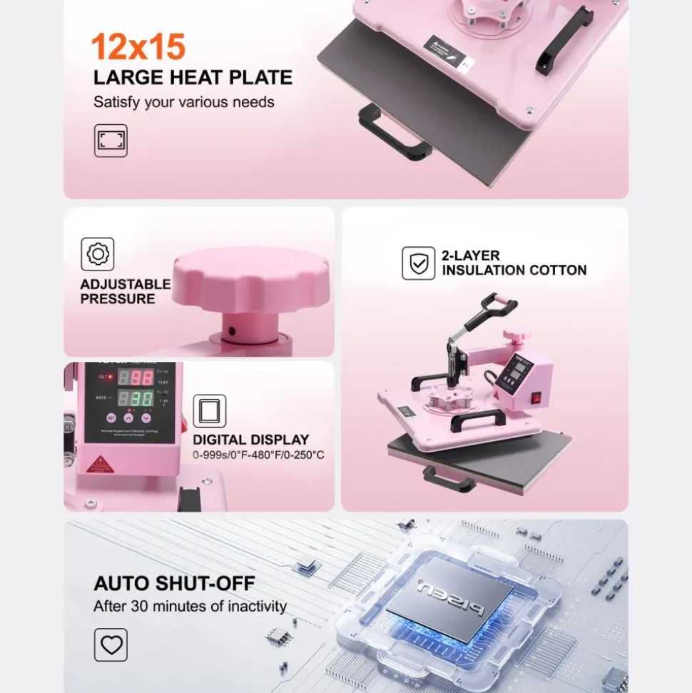 VEVOR Heat Press Machine, 12 x 15 inch, 5 in 1 Heat Transfer Machine with 30 oz Tumbler Press, 360° Swing Away T-Shirt Pressing, Digital Precise Control, for T-Shirts/Mugs/Hats/Plates, Pink