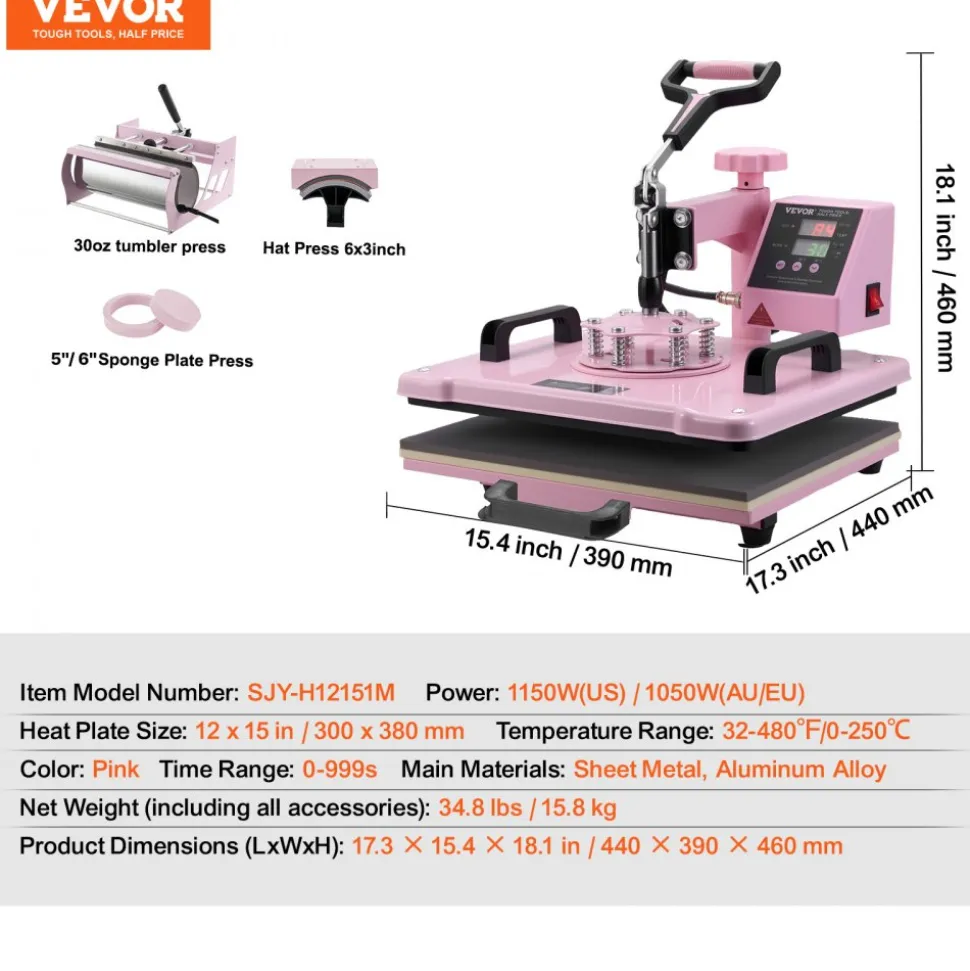 VEVOR Heat Press Machine, 12 x 15 inch, 5 in 1 Heat Transfer Machine with 30 oz Tumbler Press, 360° Swing Away T-Shirt Pressing, Digital Precise Control, for T-Shirts/Mugs/Hats/Plates, Pink
