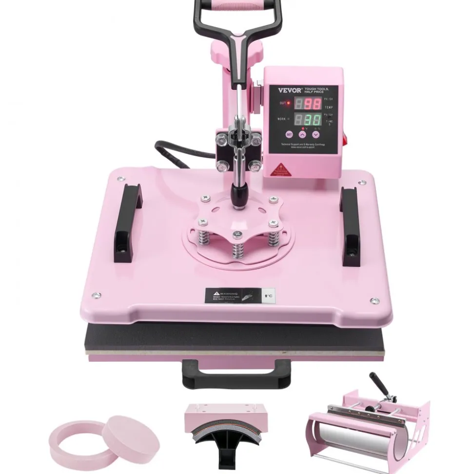 VEVOR Heat Press Machine, 12 x 15 inch, 5 in 1 Heat Transfer Machine with 30 oz Tumbler Press, 360° Swing Away T-Shirt Pressing, Digital Precise Control, for T-Shirts/Mugs/Hats/Plates, Pink