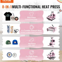 VEVOR Heat Press Machine, 12 x 15 inch, 5 in 1 Heat Transfer Machine with 30 oz Tumbler Press, 360° Swing Away T-Shirt Pressing, Digital Precise Control, for T-Shirts/Mugs/Hats/Plates, Pink
