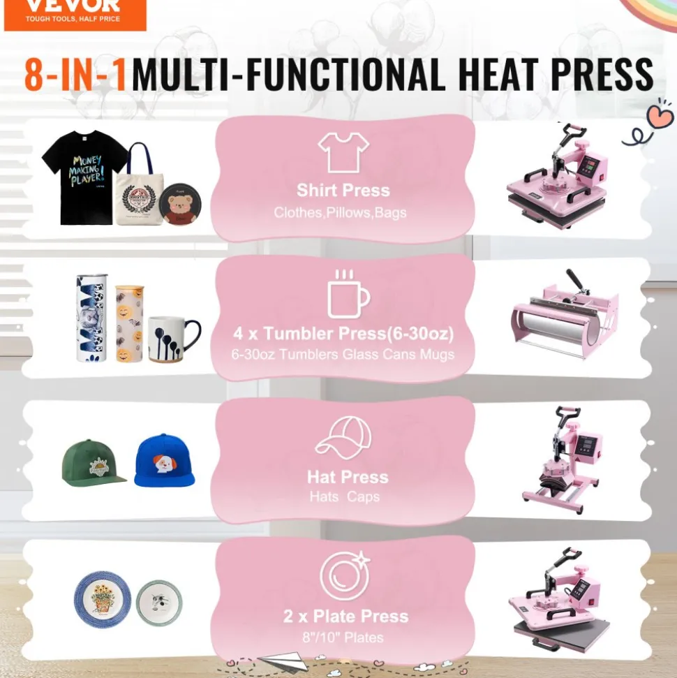 VEVOR Heat Press Machine, 12 x 15 inch, 5 in 1 Heat Transfer Machine with 30 oz Tumbler Press, 360° Swing Away T-Shirt Pressing, Digital Precise Control, for T-Shirts/Mugs/Hats/Plates, Pink
