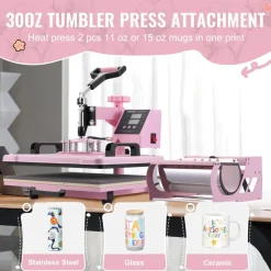 VEVOR Heat Press Machine, 12 x 15 inch, 5 in 1 Heat Transfer Machine with 30 oz Tumbler Press, 360° Swing Away T-Shirt Pressing, Digital Precise Control, for T-Shirts/Mugs/Hats/Plates, Pink