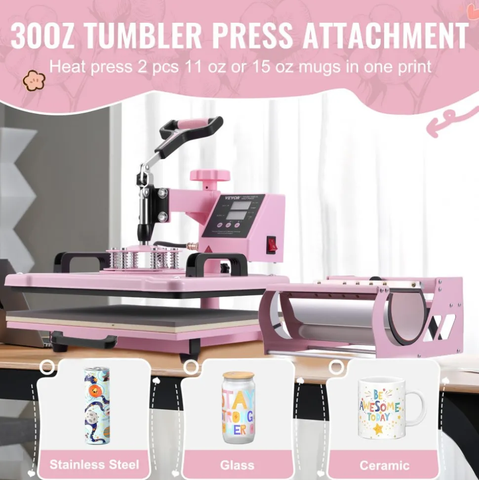 VEVOR Heat Press Machine, 12 x 15 inch, 5 in 1 Heat Transfer Machine with 30 oz Tumbler Press, 360° Swing Away T-Shirt Pressing, Digital Precise Control, for T-Shirts/Mugs/Hats/Plates, Pink