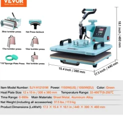 VEVOR Heat Press Machine, 12 x 15 inch, 8 in 1 Heat Transfer Machine with 6-30 oz Tumbler Press, 360° Swing Away T-Shirt Pressing, Digital Precise Control, for T-Shirts/Mugs/Hats/Plates, Green