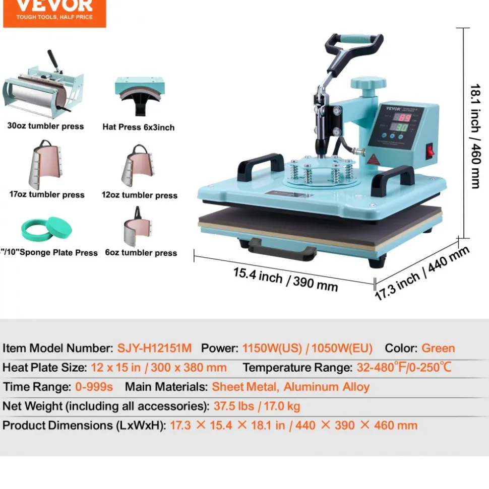 VEVOR Heat Press Machine, 12 x 15 inch, 8 in 1 Heat Transfer Machine with 6-30 oz Tumbler Press, 360° Swing Away T-Shirt Pressing, Digital Precise Control, for T-Shirts/Mugs/Hats/Plates, Green