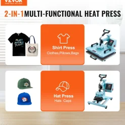VEVOR Heat Press Machine, 12 x 15 inch, 2 in 1 Heat Transfer Machine with Hat Press, 360° Swing Away T-Shirt Pressing Machine, Digital Precise Control, Fast Even Heating for T-Shirts/Hats/Caps, Green