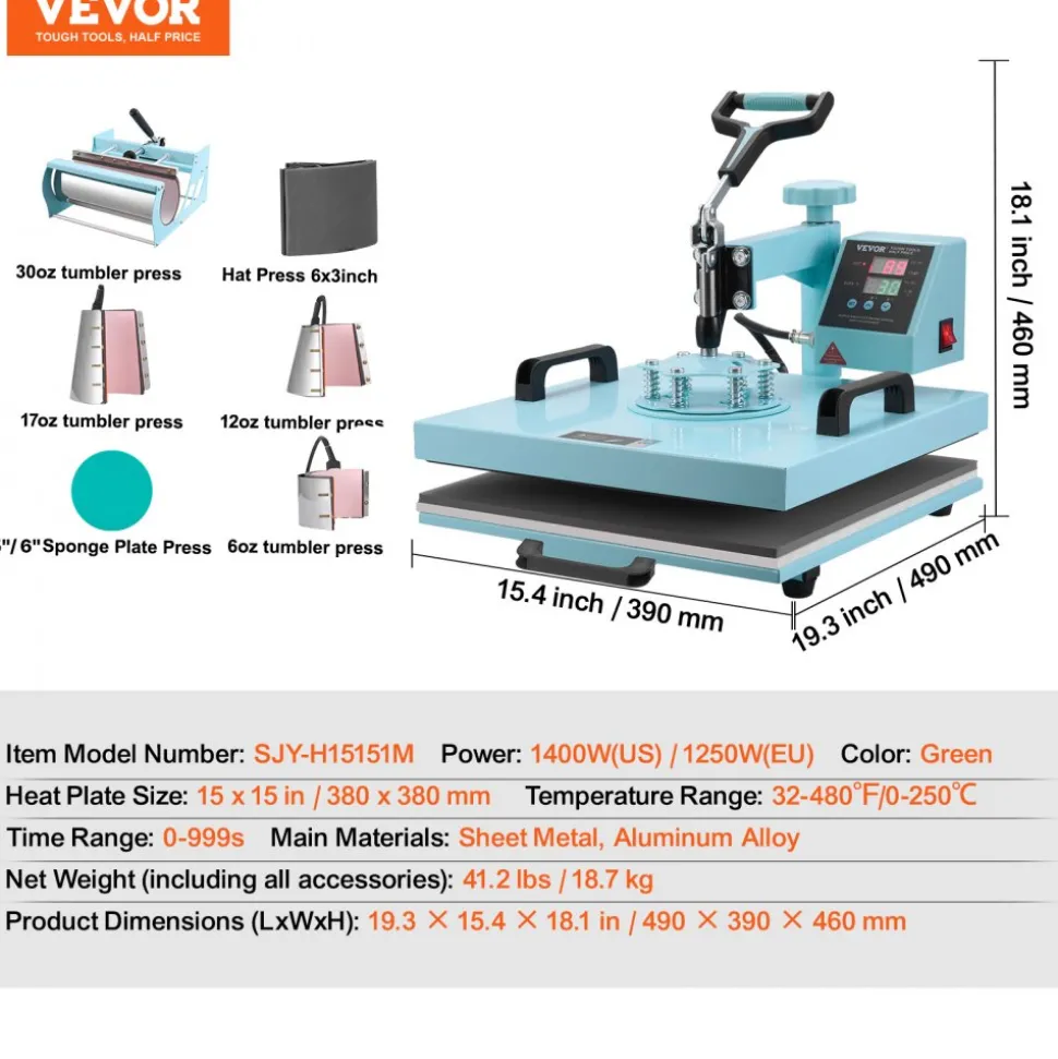 VEVOR Heat Press Machine, 15 x 15 inch, 8 in 1 Heat Transfer Machine with 6-30 oz Tumbler Press, 360° Swing Away T-Shirt Pressing, Digital Precise Control, for T-Shirts/Mugs/Hats/Plates, Green