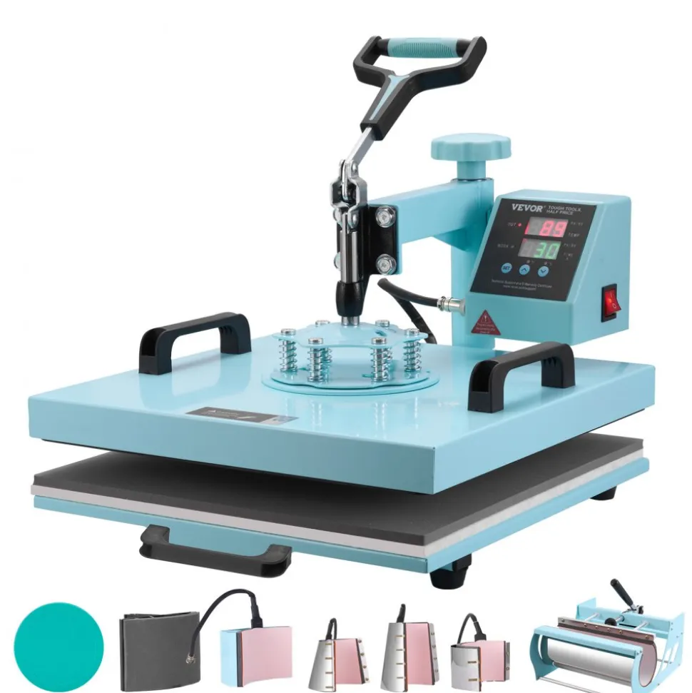 VEVOR Heat Press Machine, 15 x 15 inch, 8 in 1 Heat Transfer Machine with 6-30 oz Tumbler Press, 360° Swing Away T-Shirt Pressing, Digital Precise Control, for T-Shirts/Mugs/Hats/Plates, Green