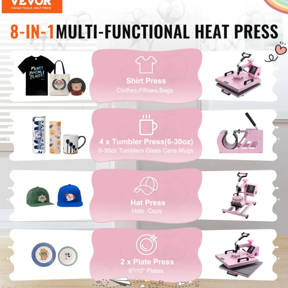 VEVOR Heat Press Machine, 15 x 15 inch, 5 in 1 Heat Transfer Machine with 30 oz Tumbler Press, 360° Swing Away T-Shirt Pressing, Digital Precise Control, for T-Shirts/Mugs/Hats/Plates, Pink