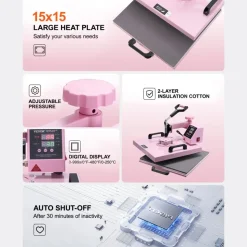 VEVOR Heat Press Machine, 15 x 15 inch, 5 in 1 Heat Transfer Machine with 30 oz Tumbler Press, 360° Swing Away T-Shirt Pressing, Digital Precise Control, for T-Shirts/Mugs/Hats/Plates, Pink