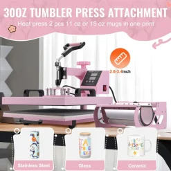 VEVOR Heat Press Machine, 15 x 15 inch, 5 in 1 Heat Transfer Machine with 30 oz Tumbler Press, 360° Swing Away T-Shirt Pressing, Digital Precise Control, for T-Shirts/Mugs/Hats/Plates, Pink