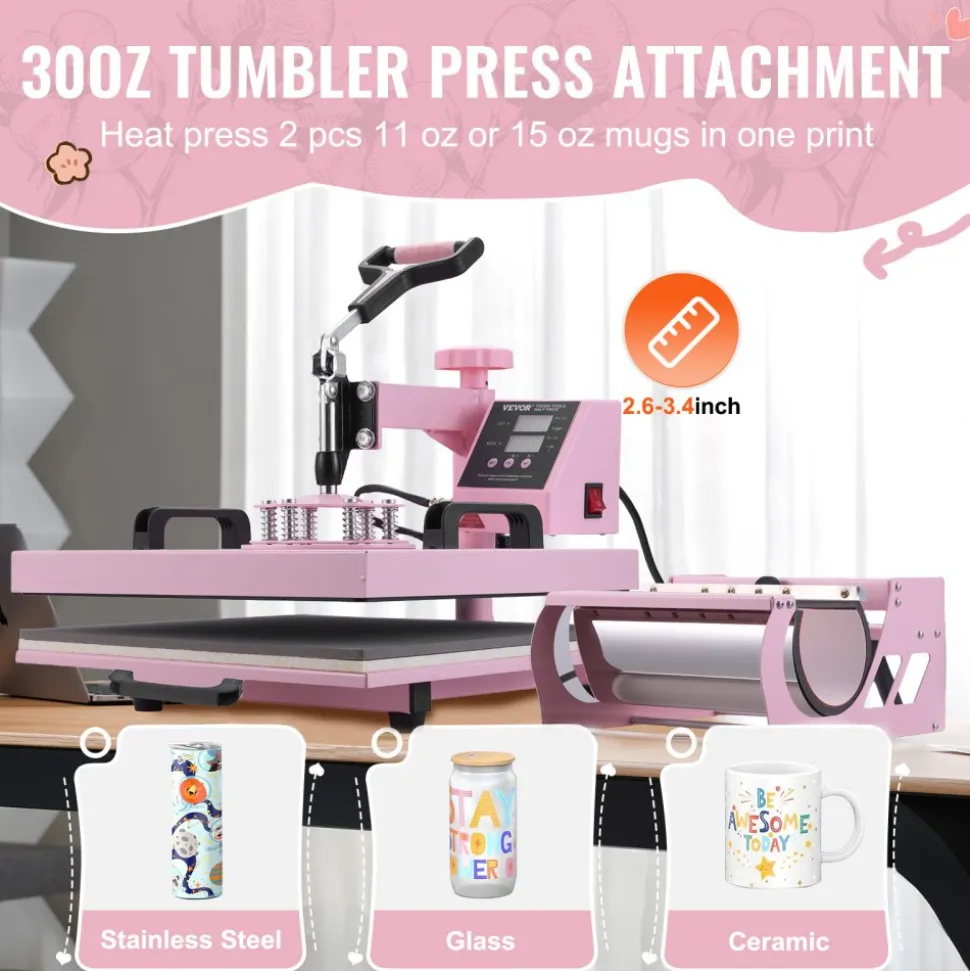 VEVOR Heat Press Machine, 15 x 15 inch, 5 in 1 Heat Transfer Machine with 30 oz Tumbler Press, 360° Swing Away T-Shirt Pressing, Digital Precise Control, for T-Shirts/Mugs/Hats/Plates, Pink