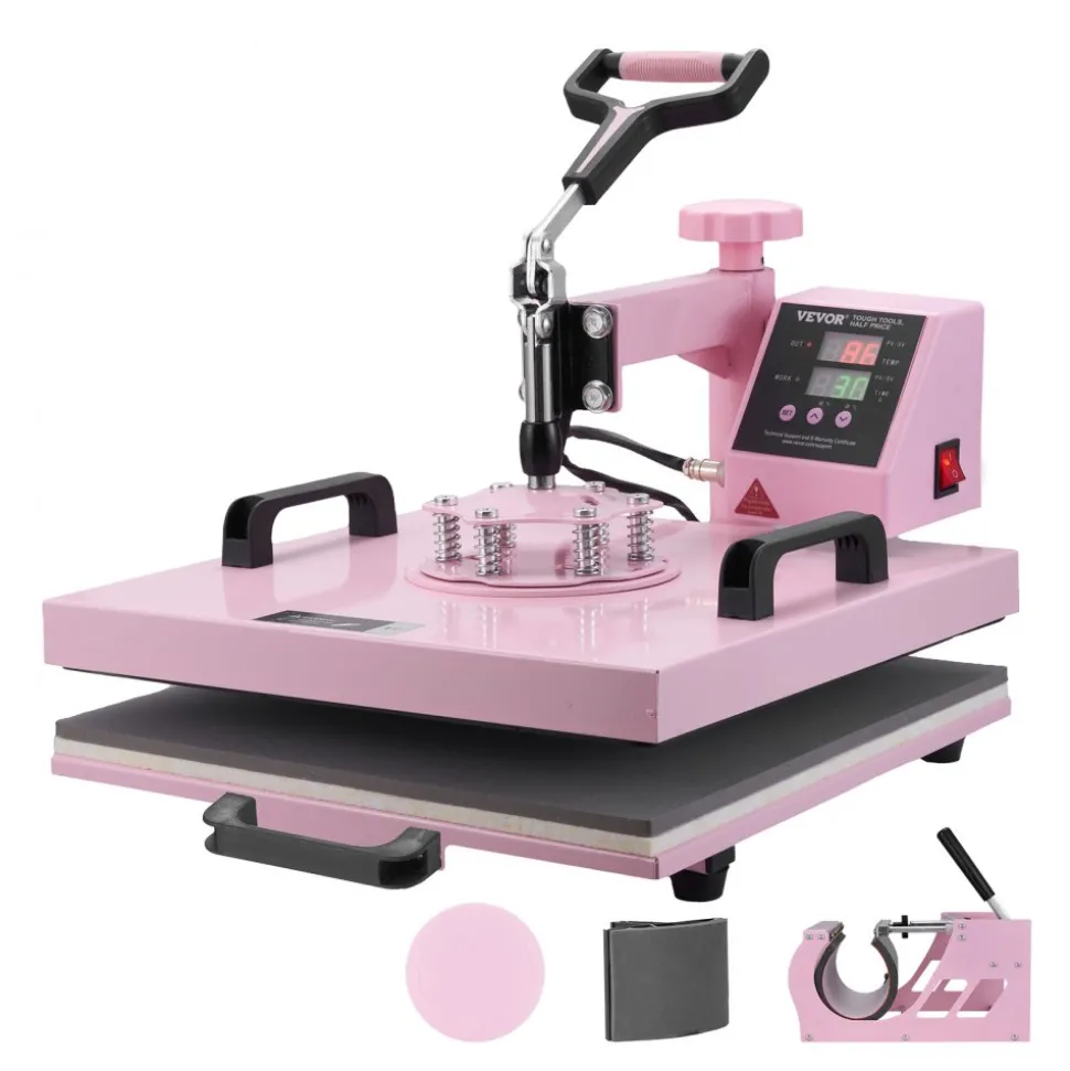 VEVOR Heat Press Machine, 15 x 15 inch, 5 in 1 Heat Transfer Machine with 30 oz Tumbler Press, 360° Swing Away T-Shirt Pressing, Digital Precise Control, for T-Shirts/Mugs/Hats/Plates, Pink