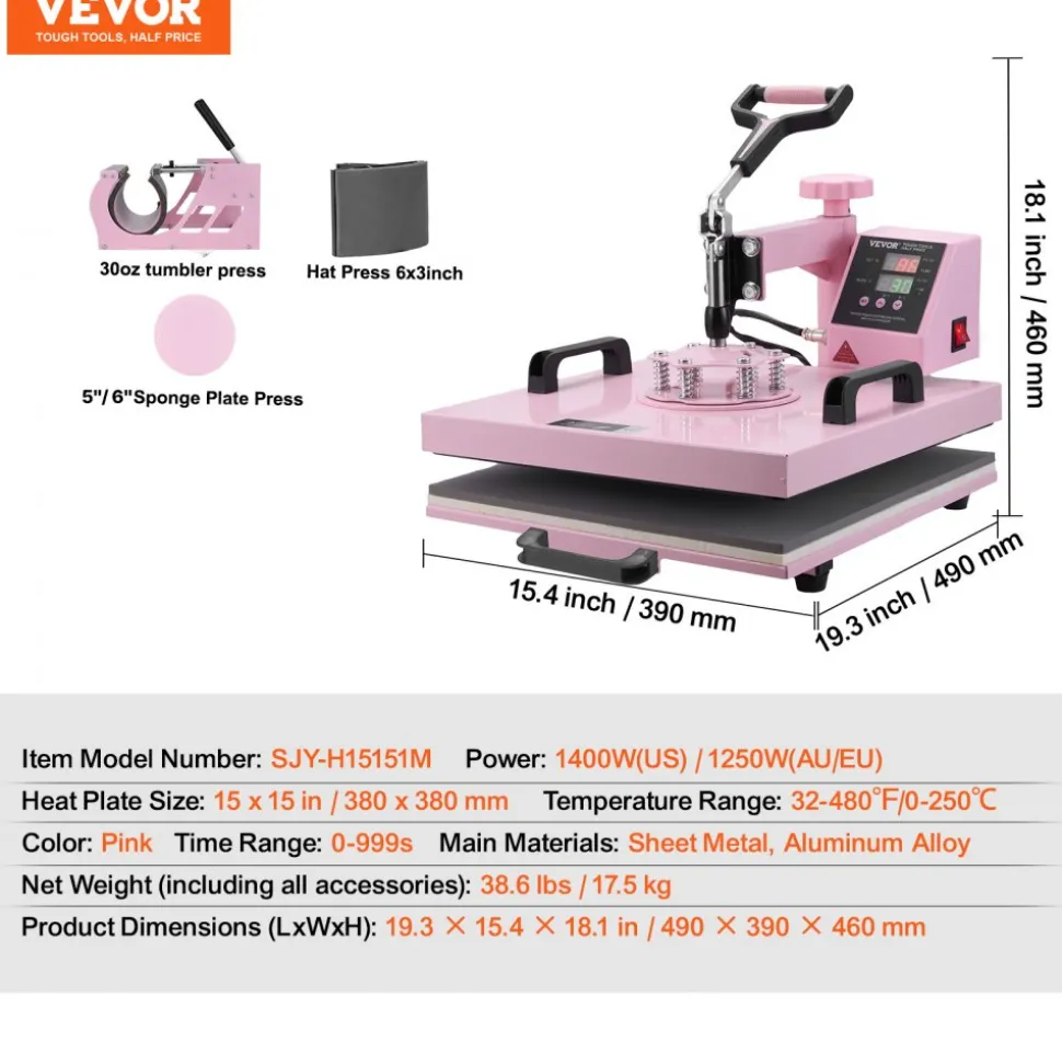 VEVOR Heat Press Machine, 15 x 15 inch, 5 in 1 Heat Transfer Machine with 30 oz Tumbler Press, 360° Swing Away T-Shirt Pressing, Digital Precise Control, for T-Shirts/Mugs/Hats/Plates, Pink