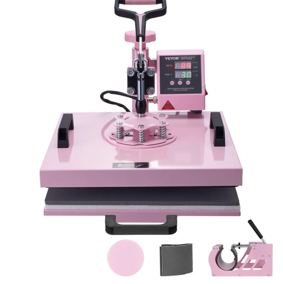 VEVOR Heat Press Machine, 15 x 15 inch, 5 in 1 Heat Transfer Machine with 30 oz Tumbler Press, 360° Swing Away T-Shirt Pressing, Digital Precise Control, for T-Shirts/Mugs/Hats/Plates, Pink