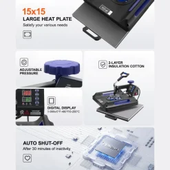VEVOR Heat Press Machine, 15 x 15 inch, 5 in 1 Heat Transfer Machine with 30 oz Tumbler Press, 360° Swing Away Digital T-Shirt Pressing, Teflon Coating, for T-Shirts/Mugs/Hats/Plates, Black+Blue