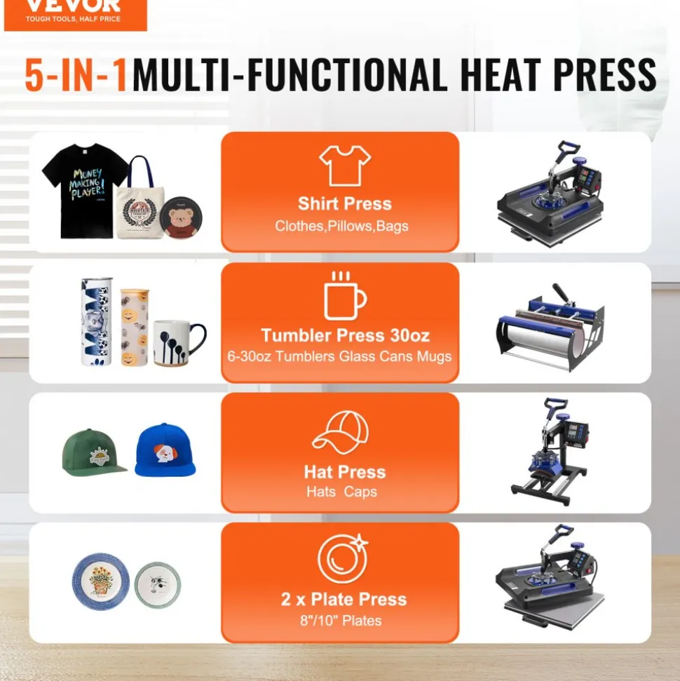 VEVOR Heat Press Machine, 15 x 15 inch, 5 in 1 Heat Transfer Machine with 30 oz Tumbler Press, 360° Swing Away Digital T-Shirt Pressing, Teflon Coating, for T-Shirts/Mugs/Hats/Plates, Black+Blue