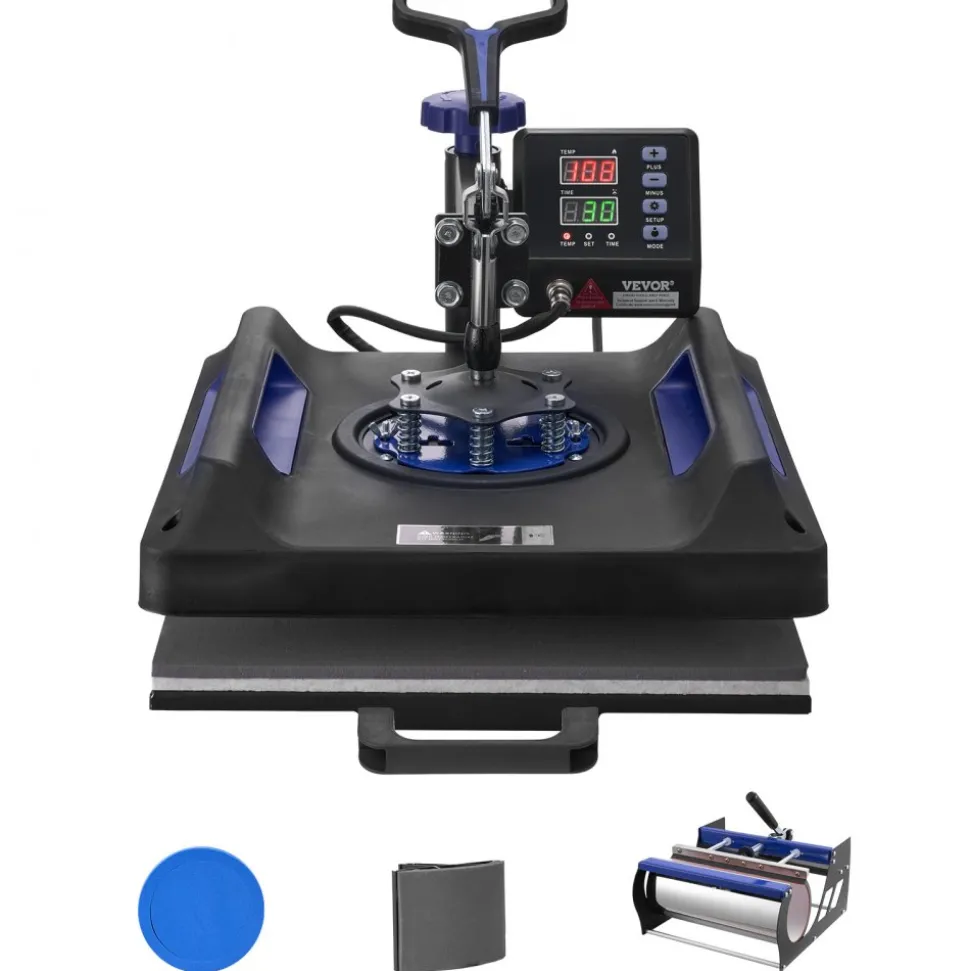 VEVOR Heat Press Machine, 15 x 15 inch, 5 in 1 Heat Transfer Machine with 30 oz Tumbler Press, 360° Swing Away Digital T-Shirt Pressing, Teflon Coating, for T-Shirts/Mugs/Hats/Plates, Black+Blue