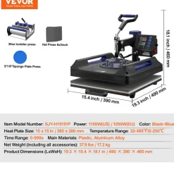 VEVOR Heat Press Machine, 15 x 15 inch, 5 in 1 Heat Transfer Machine with 30 oz Tumbler Press, 360° Swing Away Digital T-Shirt Pressing, Teflon Coating, for T-Shirts/Mugs/Hats/Plates, Black+Blue