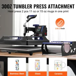 VEVOR Heat Press Machine, 15 x 15 inch, 5 in 1 Heat Transfer Machine with 30 oz Tumbler Press, 360° Swing Away Digital T-Shirt Pressing, Teflon Coating, for T-Shirts/Mugs/Hats/Plates, Black+Blue