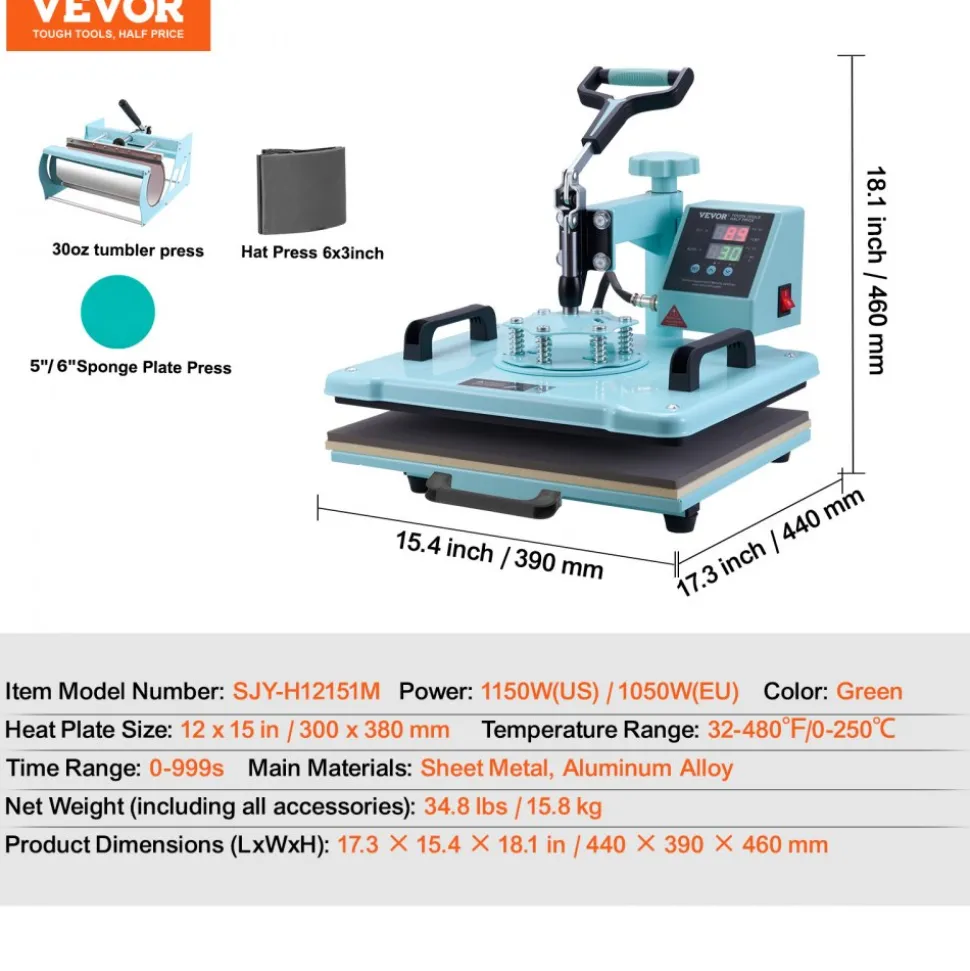 VEVOR Heat Press Machine, 12 x 15 inch, 5 in 1 Heat Transfer Machine with 30 oz Tumbler Press, 360° Swing Away T-Shirt Pressing, Digital Precise Control, for T-Shirts/Mugs/Hats/Plates, Green