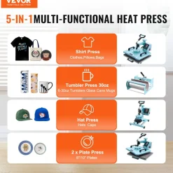VEVOR Heat Press Machine, 12 x 15 inch, 5 in 1 Heat Transfer Machine with 30 oz Tumbler Press, 360° Swing Away T-Shirt Pressing, Digital Precise Control, for T-Shirts/Mugs/Hats/Plates, Green