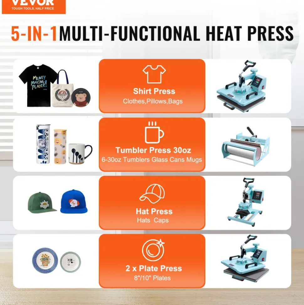VEVOR Heat Press Machine, 12 x 15 inch, 5 in 1 Heat Transfer Machine with 30 oz Tumbler Press, 360° Swing Away T-Shirt Pressing, Digital Precise Control, for T-Shirts/Mugs/Hats/Plates, Green