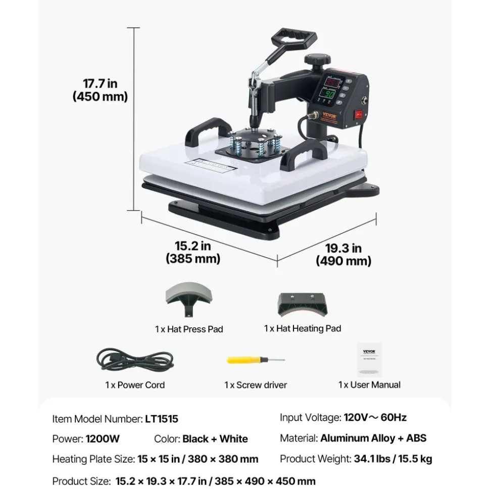 VEVOR Heat Press Machine, 15 x 15 in, 2-in-1 Multifunction, 360° Swing Away, 1200W Double Tube Fast and Even Heating, Digital Precise Control, Sublimation Press Machine for T-Shirts, Hats, Caps