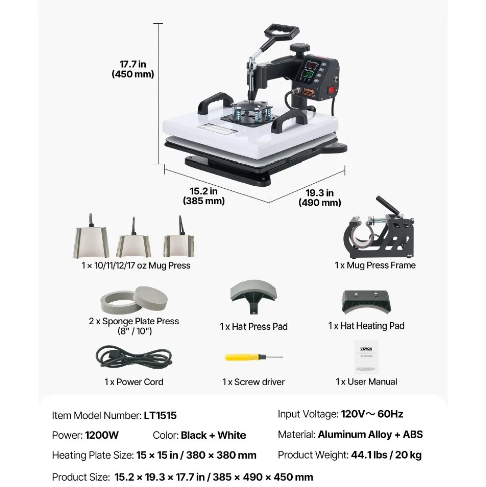 VEVOR Heat Press Machine, 15 x 15 in, 8-in-1 Multifunction, 360° Swing Away, Heat Up Fast and Even, Digital Precise Control, Sublimation Press Machine for T-Shirts, Mugs, Tumblers, Caps, Plates