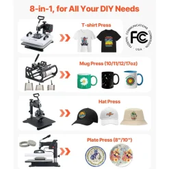 VEVOR Heat Press Machine, 15 x 15 in, 8-in-1 Multifunction, 360° Swing Away, Heat Up Fast and Even, Digital Precise Control, Sublimation Press Machine for T-Shirts, Mugs, Tumblers, Caps, Plates
