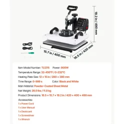 VEVOR Heat Press Machine 12 x 15 in Sublimation Press Machine Swing Away, Heat Up Fast and Even, Digital Precise Time and Temperature Control, for T-Shirts, Canvas Tote Bags, Pillowcases, Socks