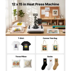 VEVOR Heat Press Machine 12 x 15 in Sublimation Press Machine Swing Away, Heat Up Fast and Even, Digital Precise Time and Temperature Control, for T-Shirts, Canvas Tote Bags, Pillowcases, Socks