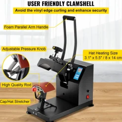 VEVOR Heat Press 6x3.75Inch Curved Element Hat Press Clamshell Design Heat Press for Hats Rigid Steel Frame No Stick Digital LCD Timer and Temperature Control (6x3.75Inch Clamshell Design)