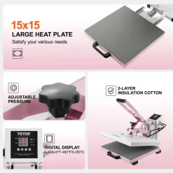 VEVOR Heat Press, 15 x 15 inch Digital Heat Press Machine, Slide Out Heat Transfer Machine, Fast and Even Heating, 2-Layer Insulation Cotton, Heat Transfer Machine for T-Shirts/Pillows/Bags, Pink