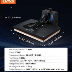 VEVOR Heat Press 16x24, 1700W Power Heat Press Machine, Fast Heating, High Pressure Heat Press Machine for T-Shirt, Digital Industrial Sublimation Printer for Heat Transfer Vinyl, Easy to Use, Black