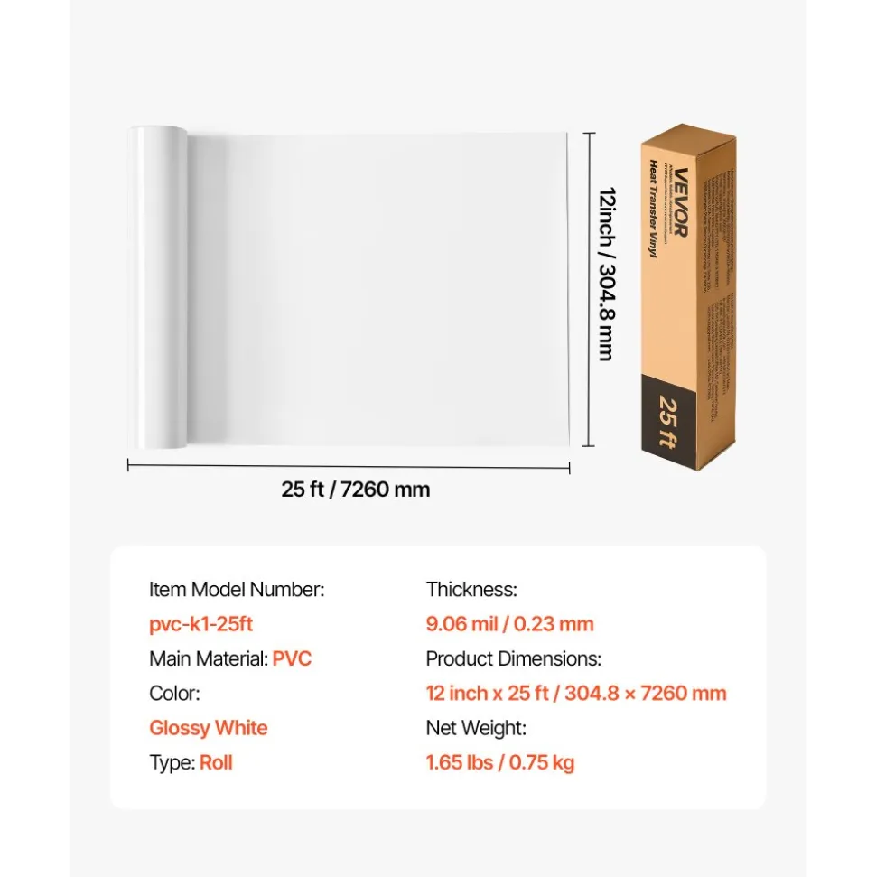 VEVOR Heat Transfer Vinyl, 12 in x 25 ft, Glossy White HTV Iron on Vinyl Roll, Easy to Cut and Weed, Strong Adhesion, Compatible with Cutting Machines, for Various Materials, T-shirts, Pillows, Hats