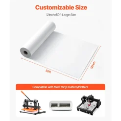 VEVOR Heat Transfer Vinyl, 12 in x 50 ft, Glossy White HTV Iron on Vinyl Roll, Easy to Cut and Weed, Strong Adhesion, Compatible with Cutting Machines, for Various Materials, T-shirts, Pillows, Hats