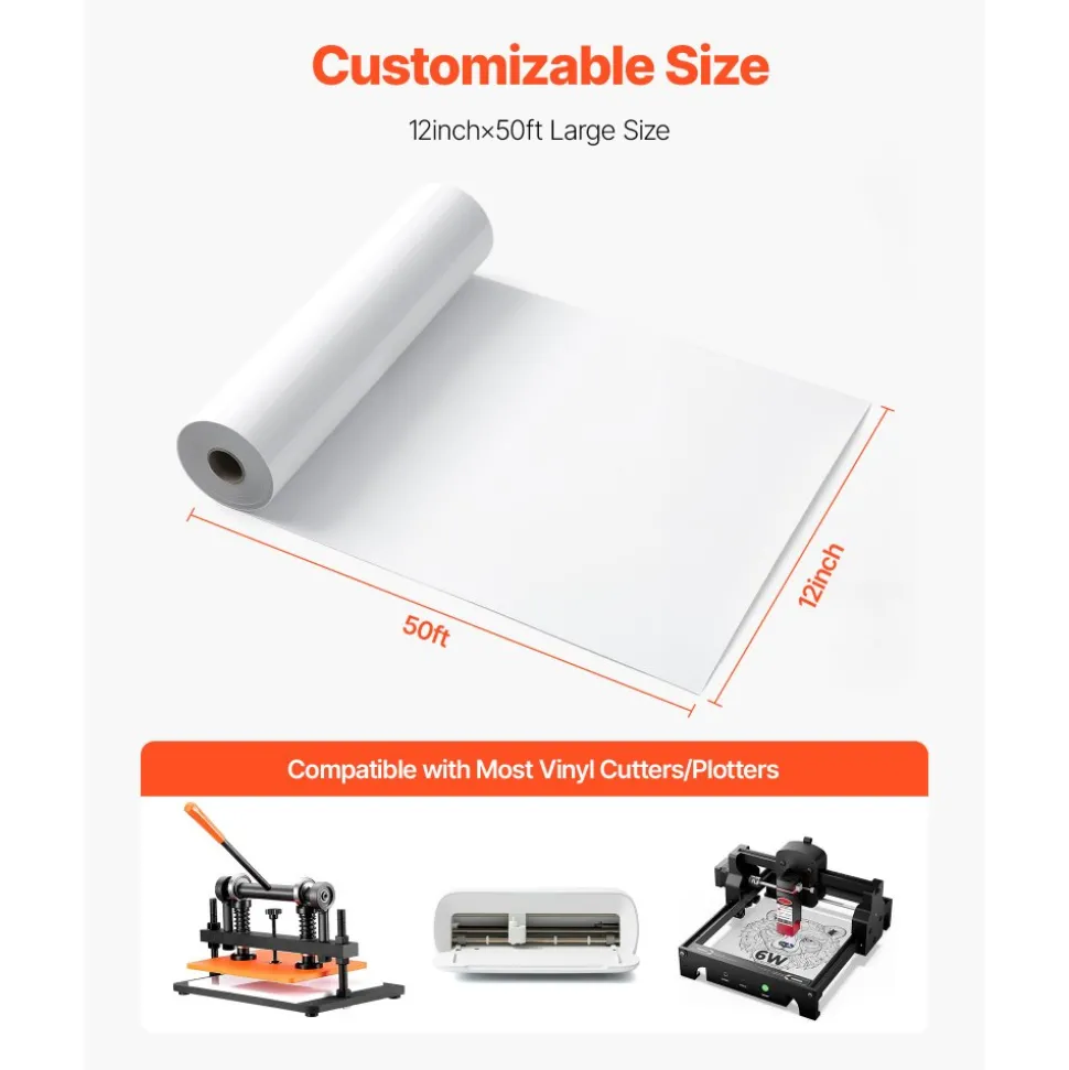 VEVOR Heat Transfer Vinyl, 12 in x 50 ft, Glossy White HTV Iron on Vinyl Roll, Easy to Cut and Weed, Strong Adhesion, Compatible with Cutting Machines, for Various Materials, T-shirts, Pillows, Hats
