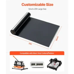 VEVOR Heat Transfer Vinyl, 12 in x 25 ft, Glossy Black HTV Iron on Vinyl Roll, Easy to Cut and Weed, Strong Adhesion, Compatible with Cutting Machines, for Various Materials, T-shirts, Pillows, Hats