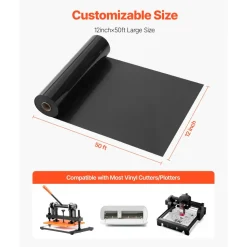 VEVOR Heat Transfer Vinyl, 12 in x 50 ft, Glossy Black HTV Iron on Vinyl Roll, Easy to Cut and Weed, Strong Adhesion, Compatible with Cutting Machines, for Various Materials, T-shirts, Pillows, Hats