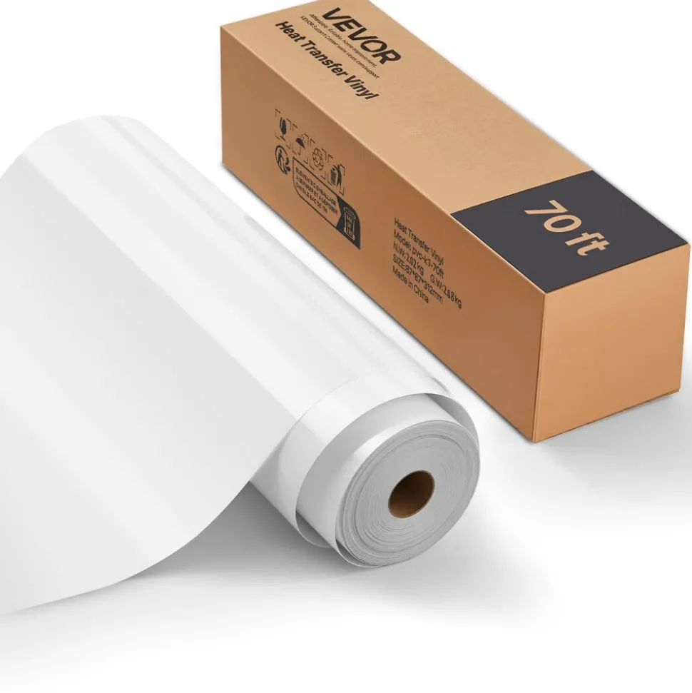 VEVOR Heat Transfer Vinyl, 12 in x 70 ft, Glossy White HTV Iron on Vinyl Roll, Easy to Cut and Weed, Strong Adhesion, Compatible with Cutting Machines, for Various Materials, T-shirts, Pillows, Hats
