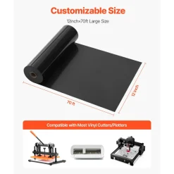 VEVOR Heat Transfer Vinyl, 12 in x 70 ft, Glossy Black HTV Iron on Vinyl Roll, Easy to Cut and Weed, Strong Adhesion, Compatible with Cutting Machines, for Various Materials, T-shirts, Pillows, Hats