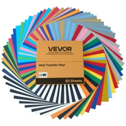 VEVOR Heat Transfer Vinyl, 80 Pack, 12 x 12 in, Assorted Colors HTV Iron on Vinyl Bundle, Easy to Cut and Weed, with Accessories, Compatible with Cutting Machines, for Various Materials, T-shirts