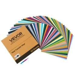 VEVOR Heat Transfer Vinyl, 50 Pack, 12 x 12 in, Assorted Colors HTV Iron on Vinyl Bundle, Easy to Cut and Weed, with Accessories, Compatible with Cutting Machines, for Various Materials, T-shirts