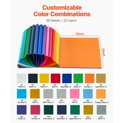 VEVOR Heat Transfer Vinyl, 50 Pack, 12 x 12 in, Assorted Colors HTV Iron on Vinyl Bundle, Easy to Cut and Weed, with Accessories, Compatible with Cutting Machines, for Various Materials, T-shirts