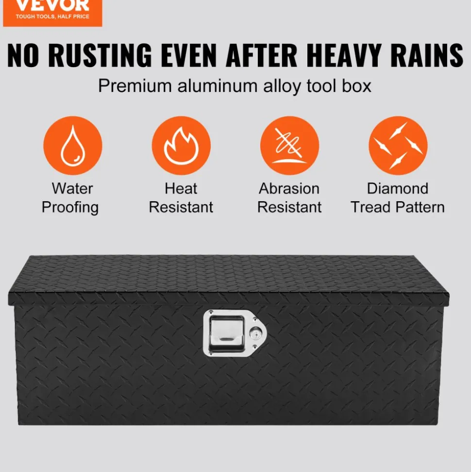 VEVOR Heavy Duty Aluminum Truck Bed Tool Box, Diamond Plate Tool Box with Side Handle and Lock Keys, Storage Tool Box Chest Box Organizer for Pickup, RV, Trailer, Truck Bed, 30"x13"x9.6", Black